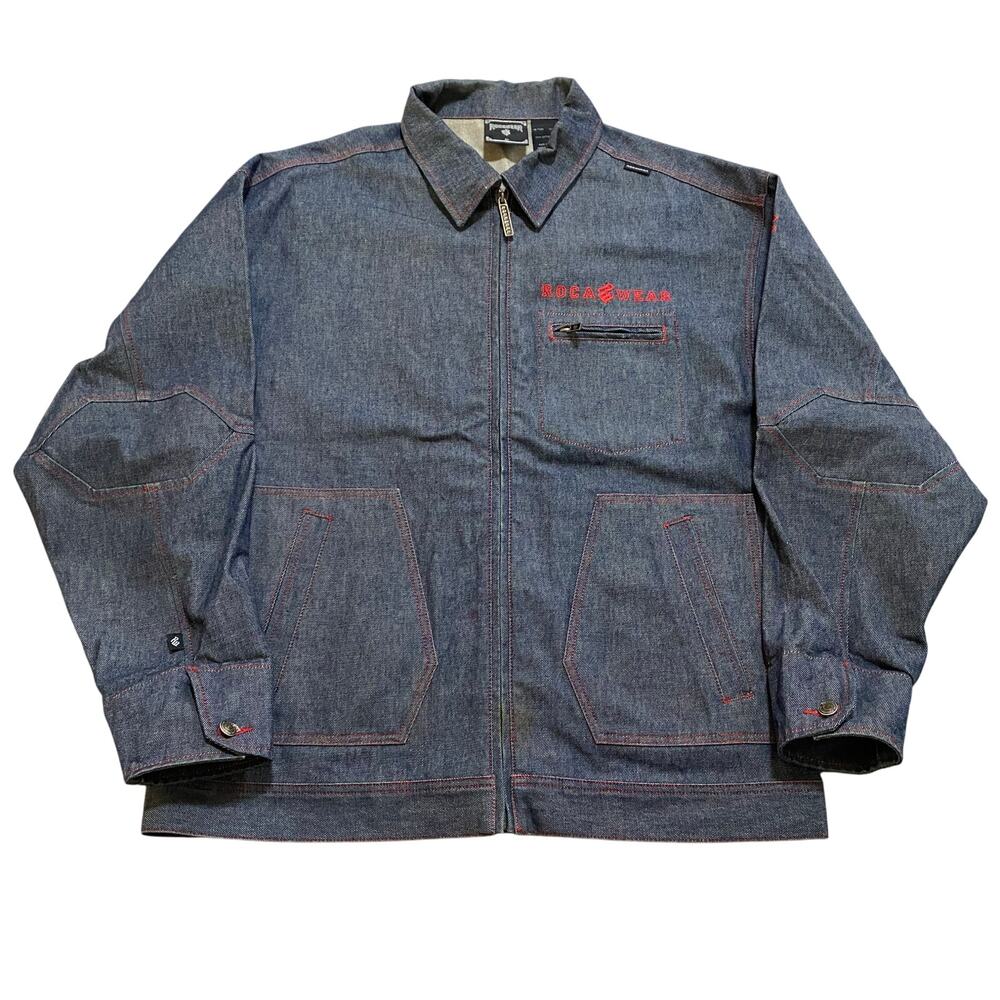 Vintage Y2K Rocawear Mens Blue Denim Full Zip Hip Hop Bomber Jacket Size XL